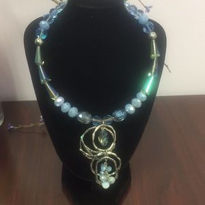 Blue Crystal Necklace with dangling hooks pendant